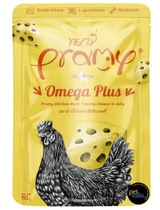 Pramy Cat Pouch OMEGA PLUS Chicken Meat Topping Cheese in Jelly For All Age Cats 70gm
