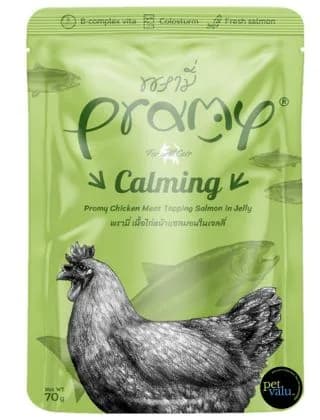 Pramy Cat Pouch Food CALMING - Chicken Meat Topping Salmon in Jelly For Adult Cat 70gm
