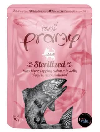 Pramy Cat Pouch Food STERILIZED - Tuna Meat Topping Salmon in Jelly For Adult Cat 70gm