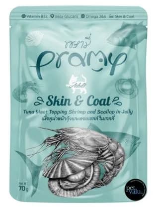 Pramy Cat Pouch SKIN & COAT Tuna Meat Topping Shrimp & Scallop in Jelly For Adult Cat 70gm