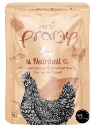 Pramy Cat Pouch HAIRBALL Tuna Meat Topping Chicken Meat in Jelly For Adult Cat 70gm
