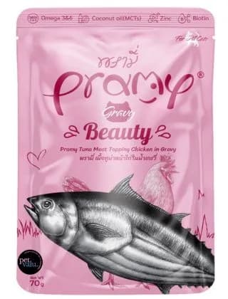 Pramy Cat Pouch  Tuna Meat Topping Chicken Meat in Gravy For All Age Cats 70gm
