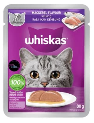 WHISKAS CAT POUCH ADULT 7+ MACKEREL 80gm
