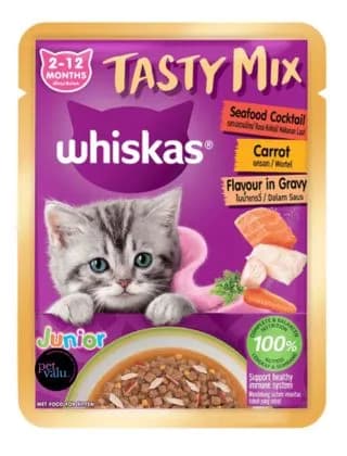 WHISKAS TASTY CAT GRAVY POUCH MIX JUNIOR SEAFOOD, COCKTAIL & CARROT 70gm